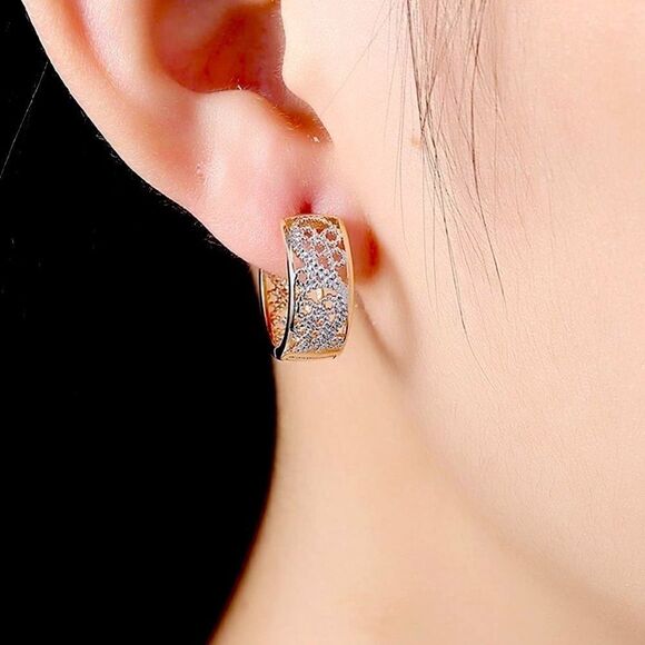 Small 14k Gold Silver Wide Filigree Hoop Earrings, Chunky Huggie Hoops - Picture 1 of 9